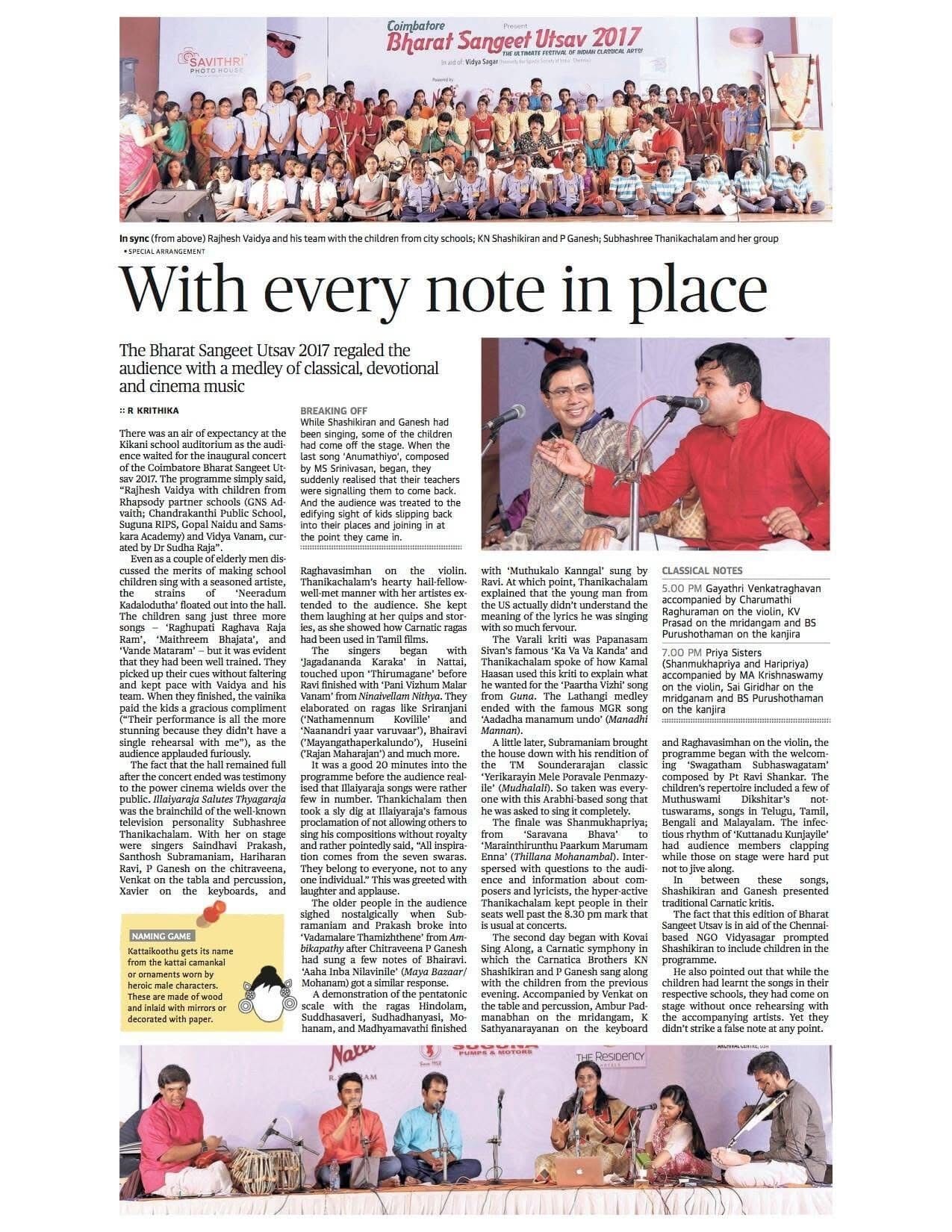 “With every note in place”: a newspaper review of the Bharat Sangeet Utsav 2017 in Coimbatore, with Raghavasimhan on violin