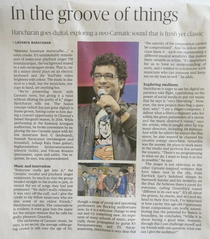 “In the groove of things”: a newspaper feature on singer Haricharan’s neo-Carnatic band GrooviDa, with Raghavasimhan Sankaranarayanan on electric violin