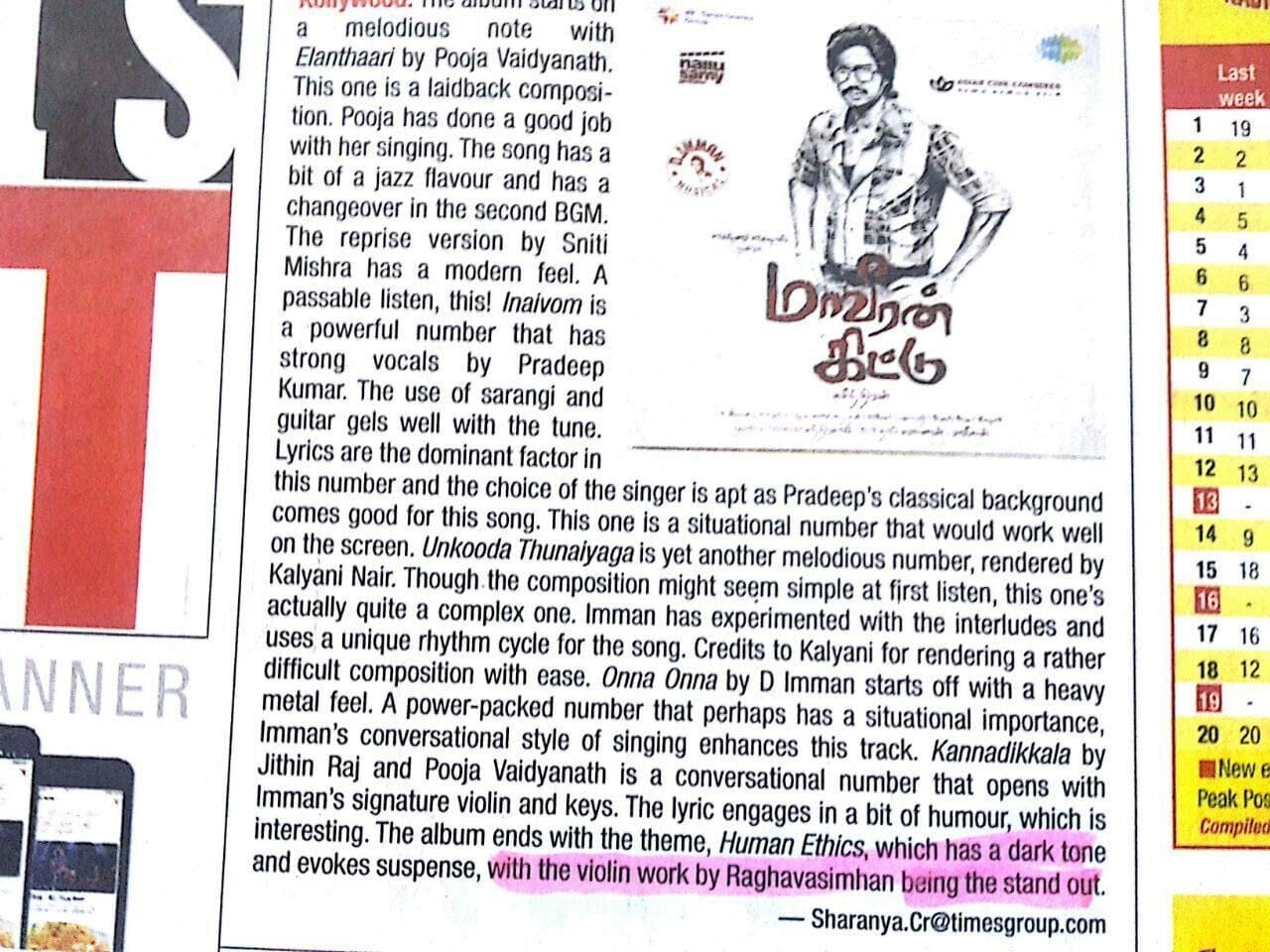 Album review of Maaveeran Kittu: “the violin work by Raghavasimhan being the stand out” on the theme Human Ethics