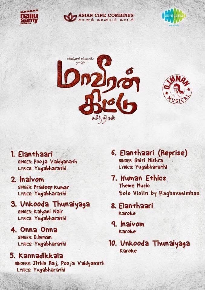 Maaveeran Kittu soundtrack track list, crediting “Solo Violin by Raghavasimhan” on the theme Human Ethics